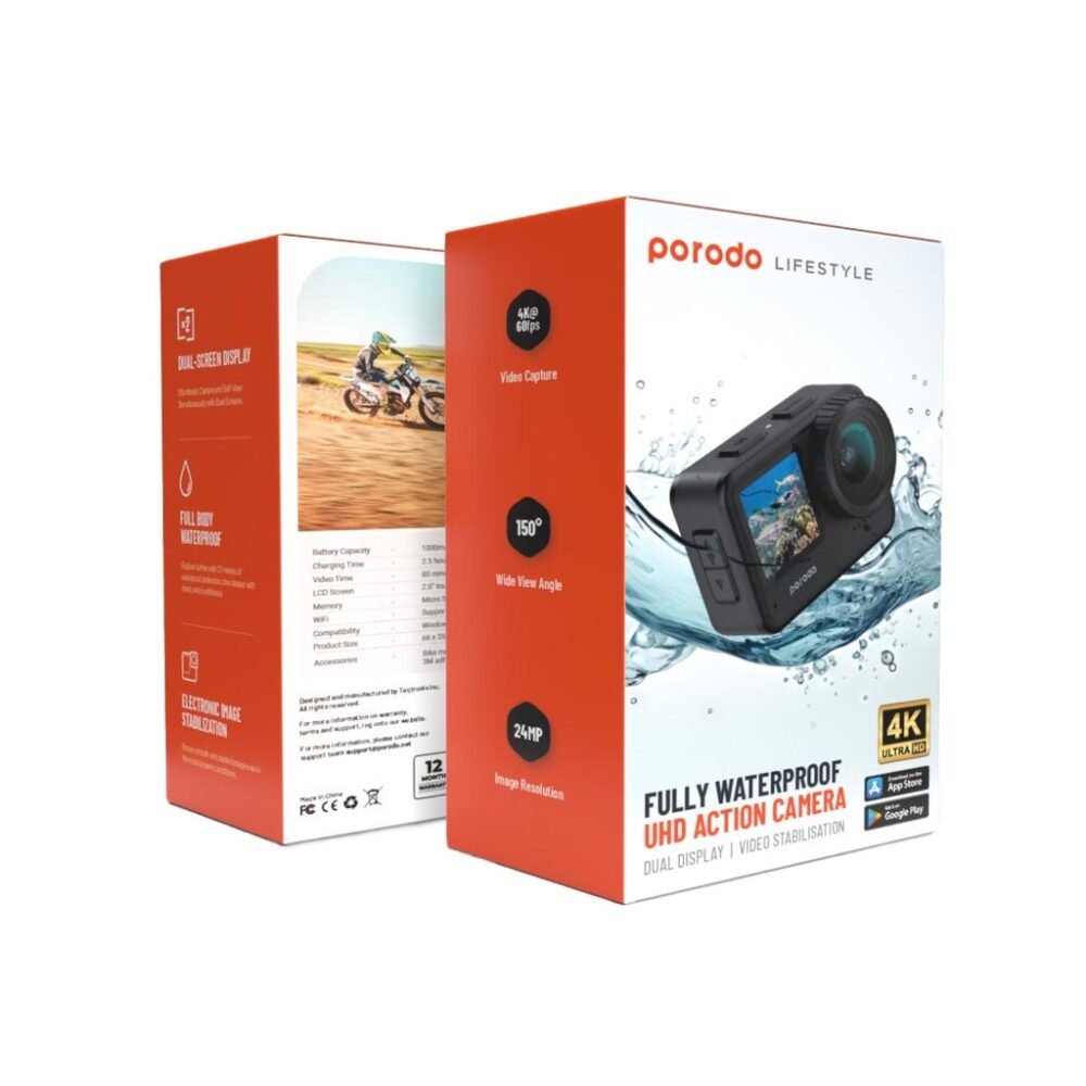 Porodo Lifestyle Fully Waterproof UHD Action Camera Dual Display With Video Stabilisation  PD-5KACAM-BK - Image 2